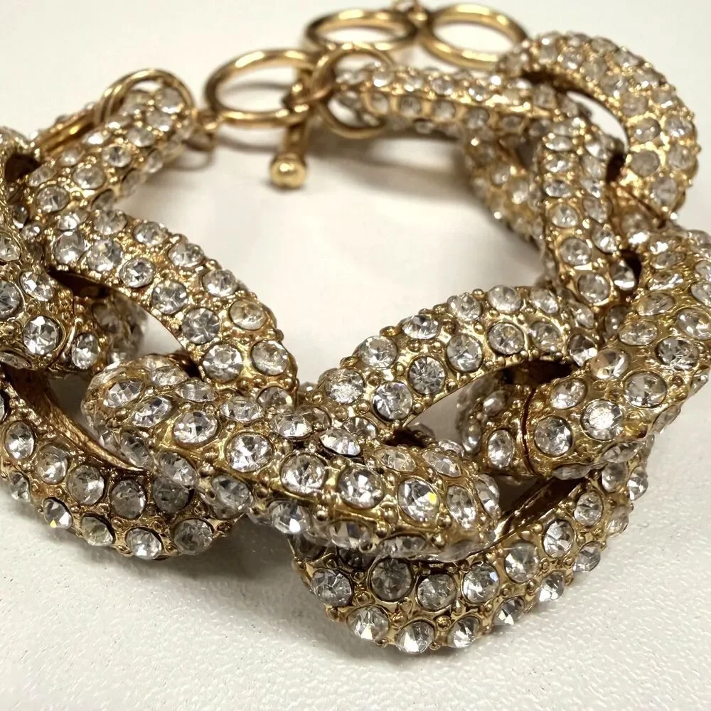 J.Crew Archive Pavé Crystal Chunky Chain Link Bracelet Gold Tone Toggle Closure